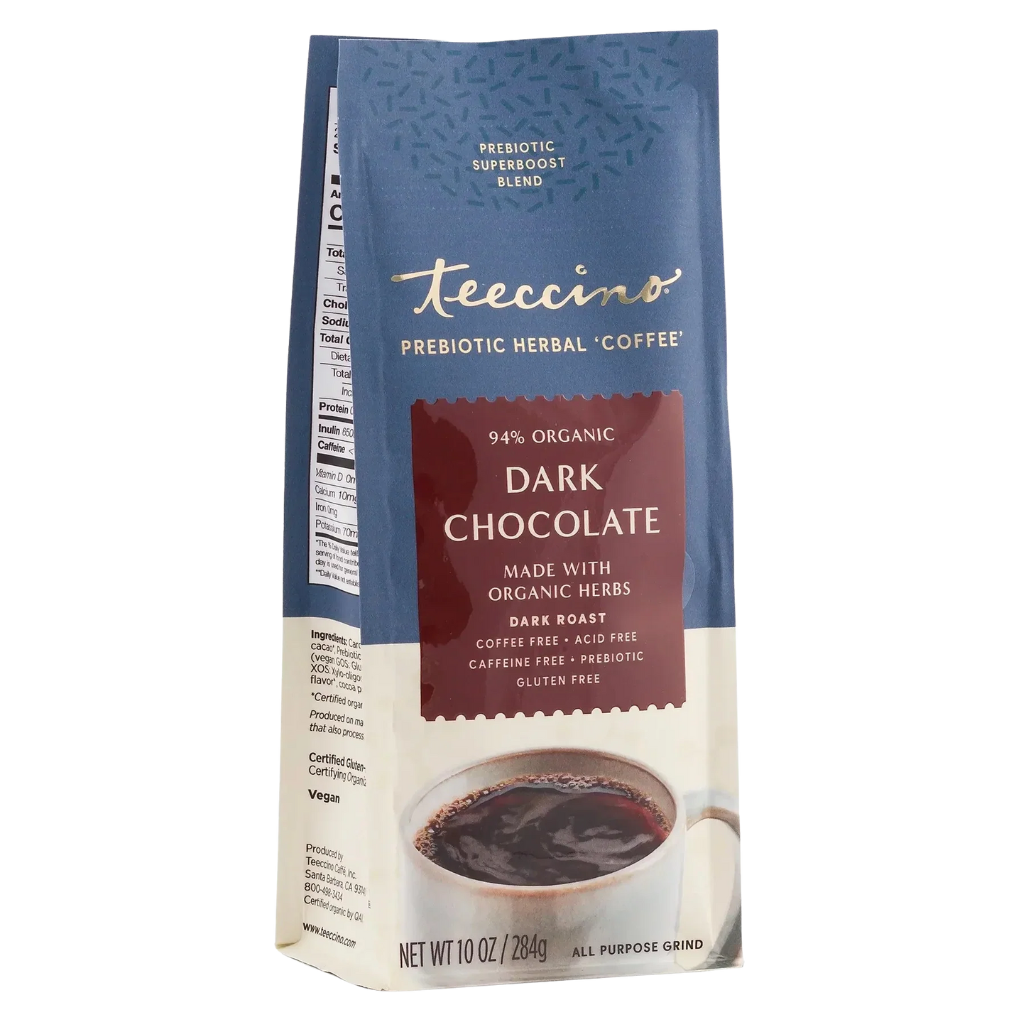 Front view of Teeccino Dark Chocolate Prebiotic Herbal Coffee in a glass mug, showcasing its rich dark chocolate color and herbal infusion.