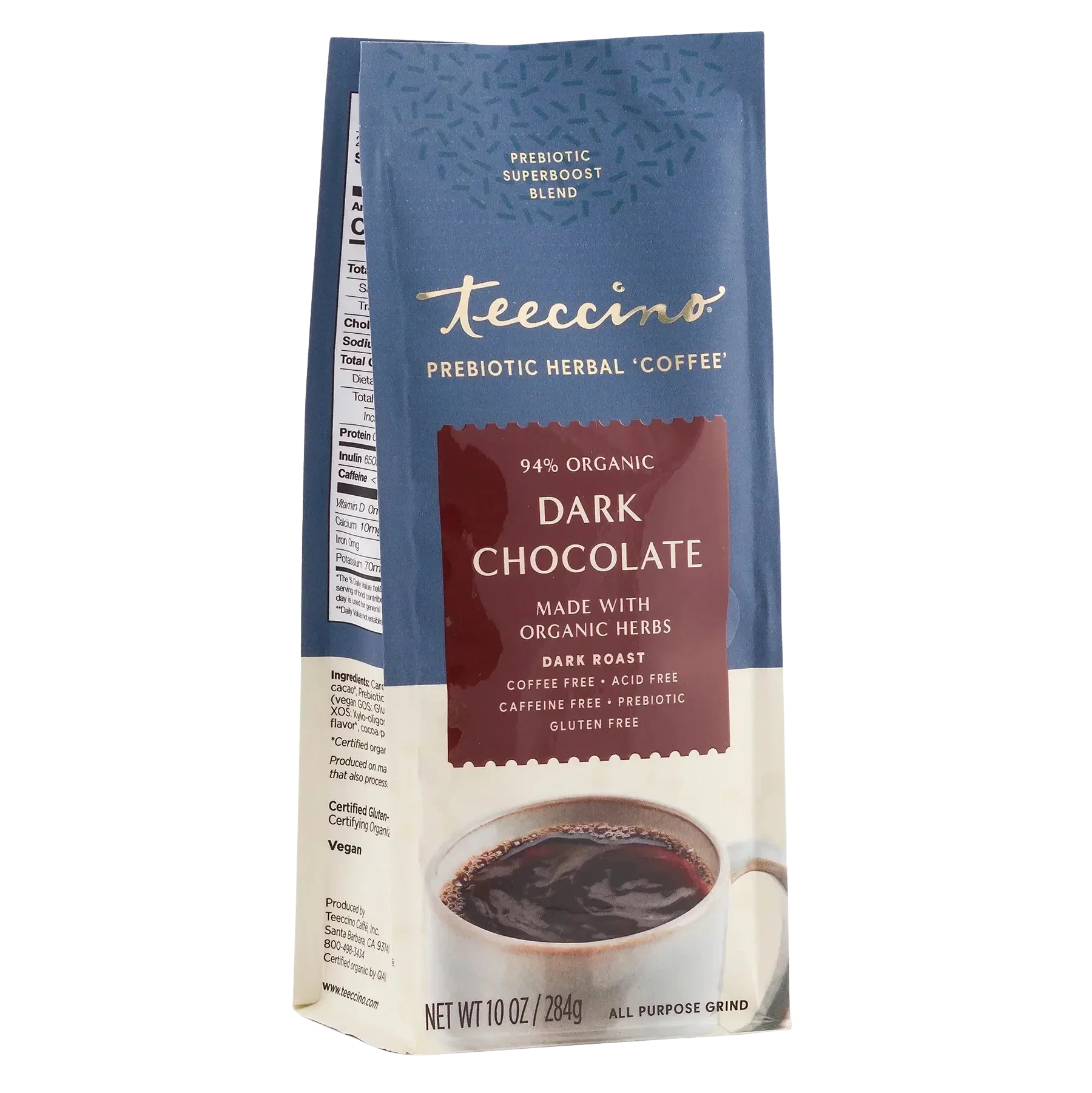 Front view of Teeccino Dark Chocolate Prebiotic Herbal Coffee in a glass mug, showcasing its rich dark chocolate color and herbal infusion.