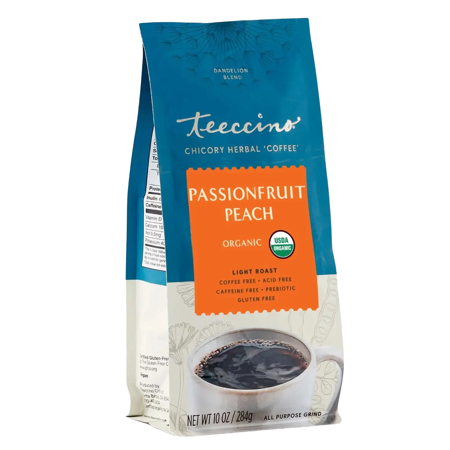Front view of Teeccino Dandelion Passionfruit Peach Herbal Coffee, 10oz package with colorful label and herbal coffee branding.