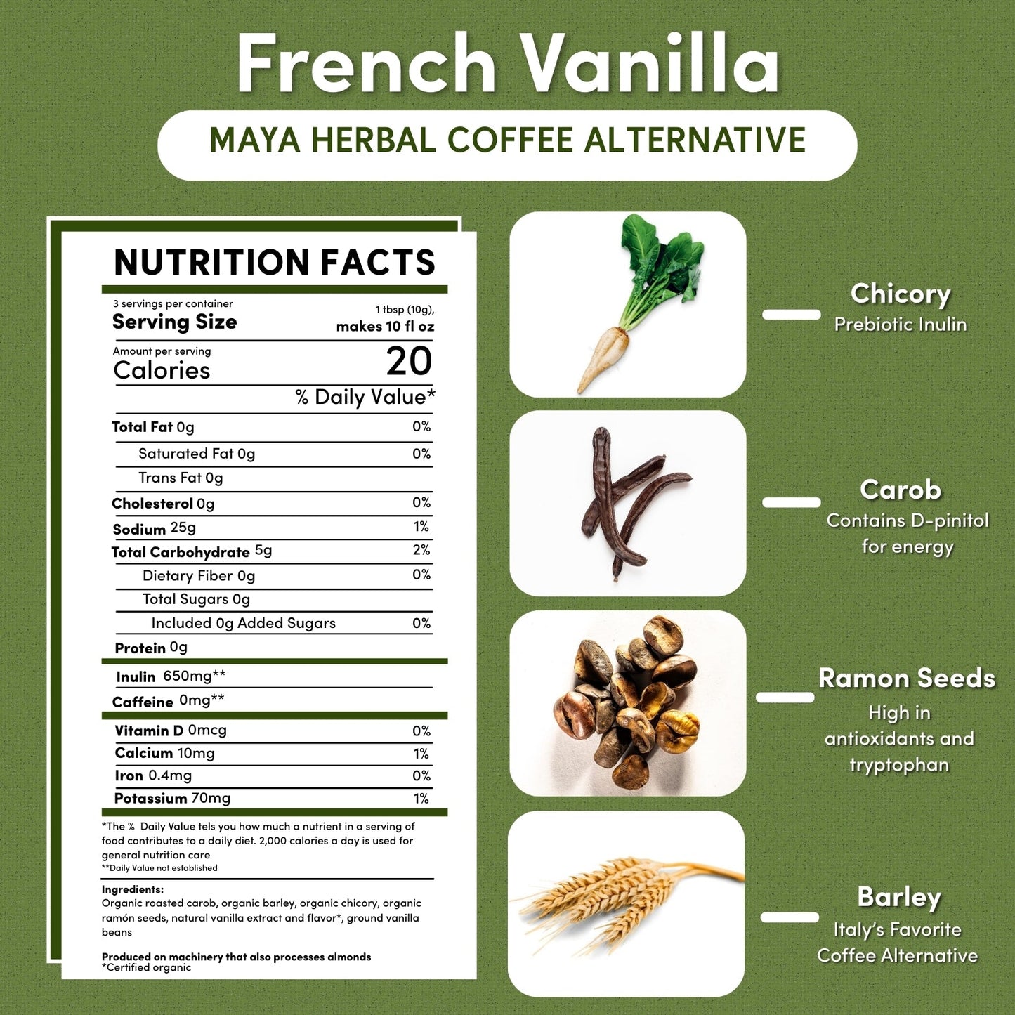 Trial size French Vanilla Chicory Herbal Coffee by Teeccino, showing a packet of herbal coffee with vanilla flavor and chicory blend.