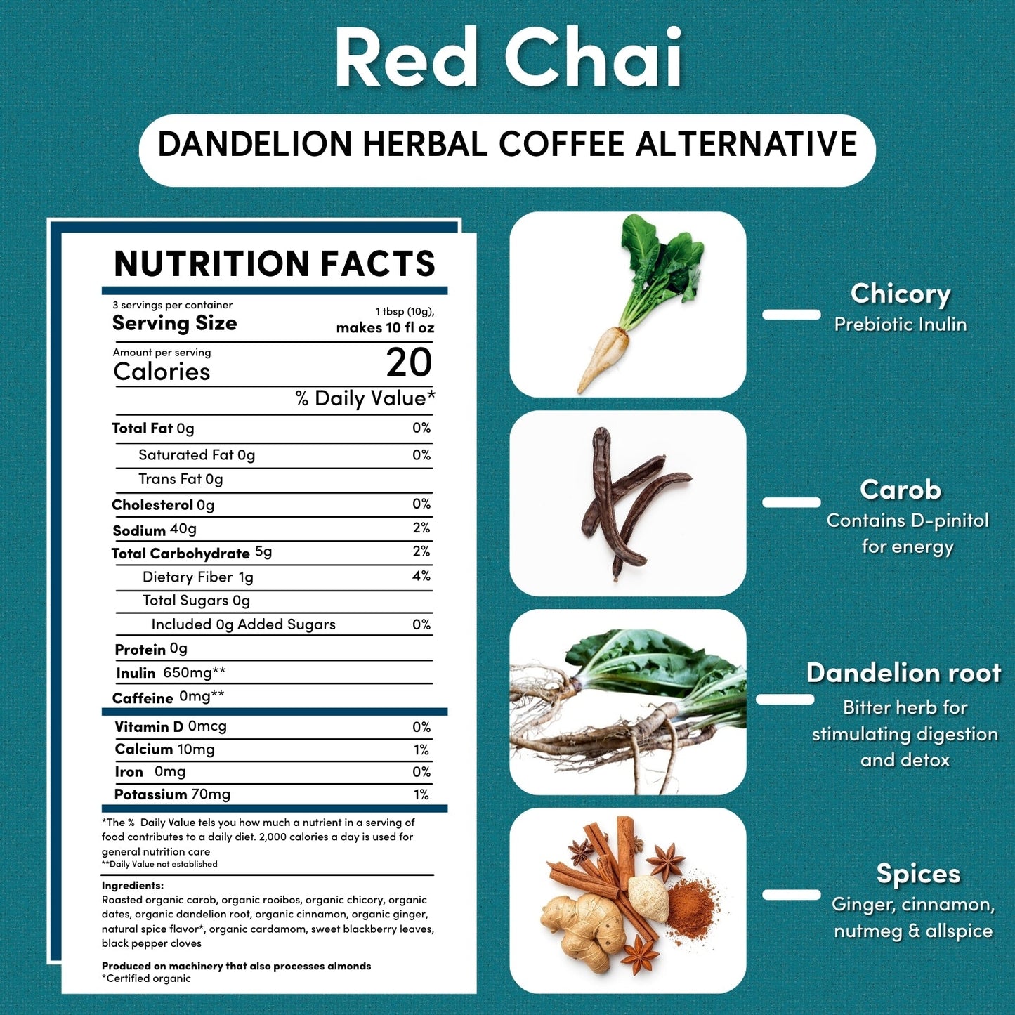 Trial size of Teeccino Dandelion Red Chai Herbal Coffee in a small package, showcasing the herbal coffee blend with red chai flavor.