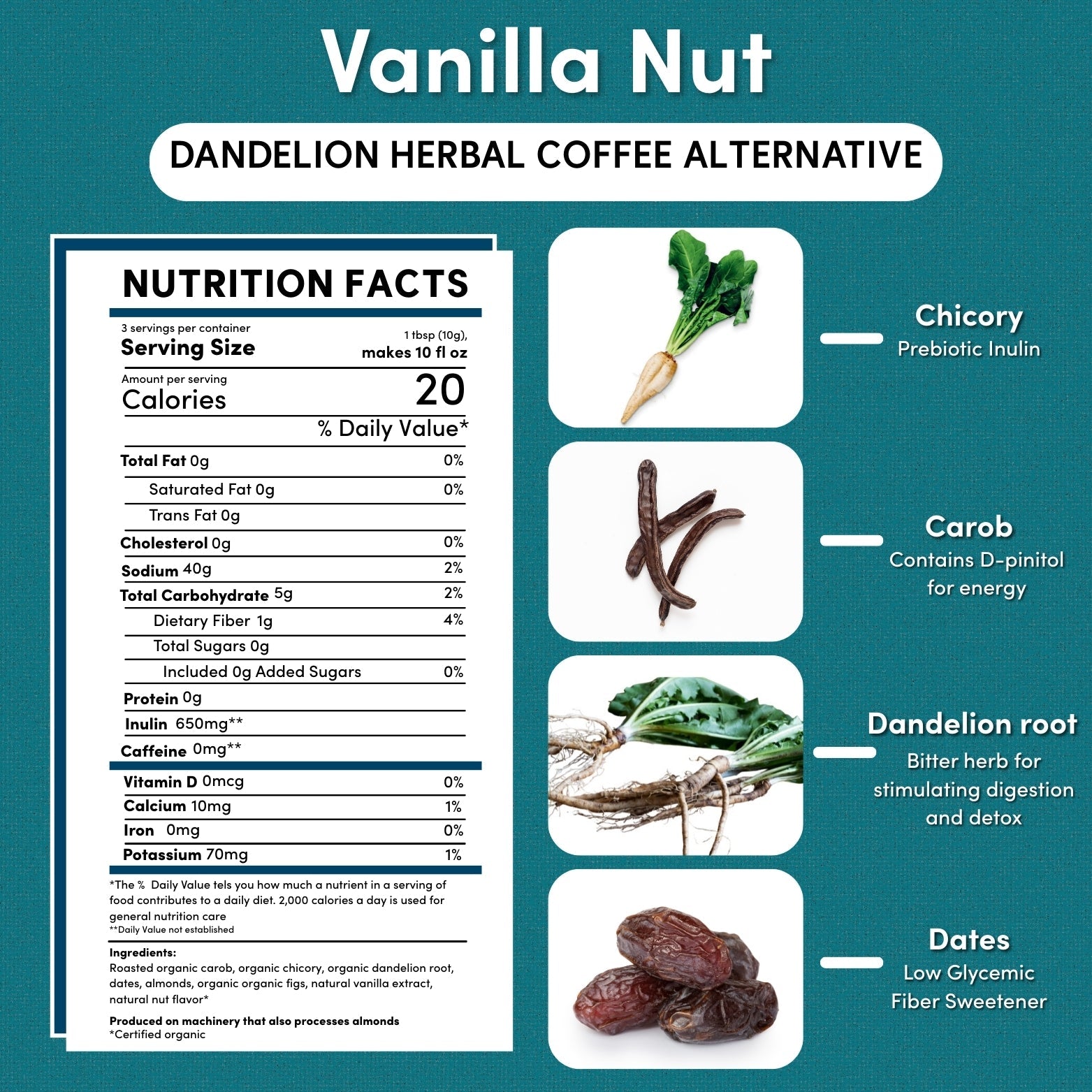Trial size of Teeccino Dandelion Vanilla Nut herbal coffee in a small package, showcasing the herbal coffee blend with vanilla and nut flavors.