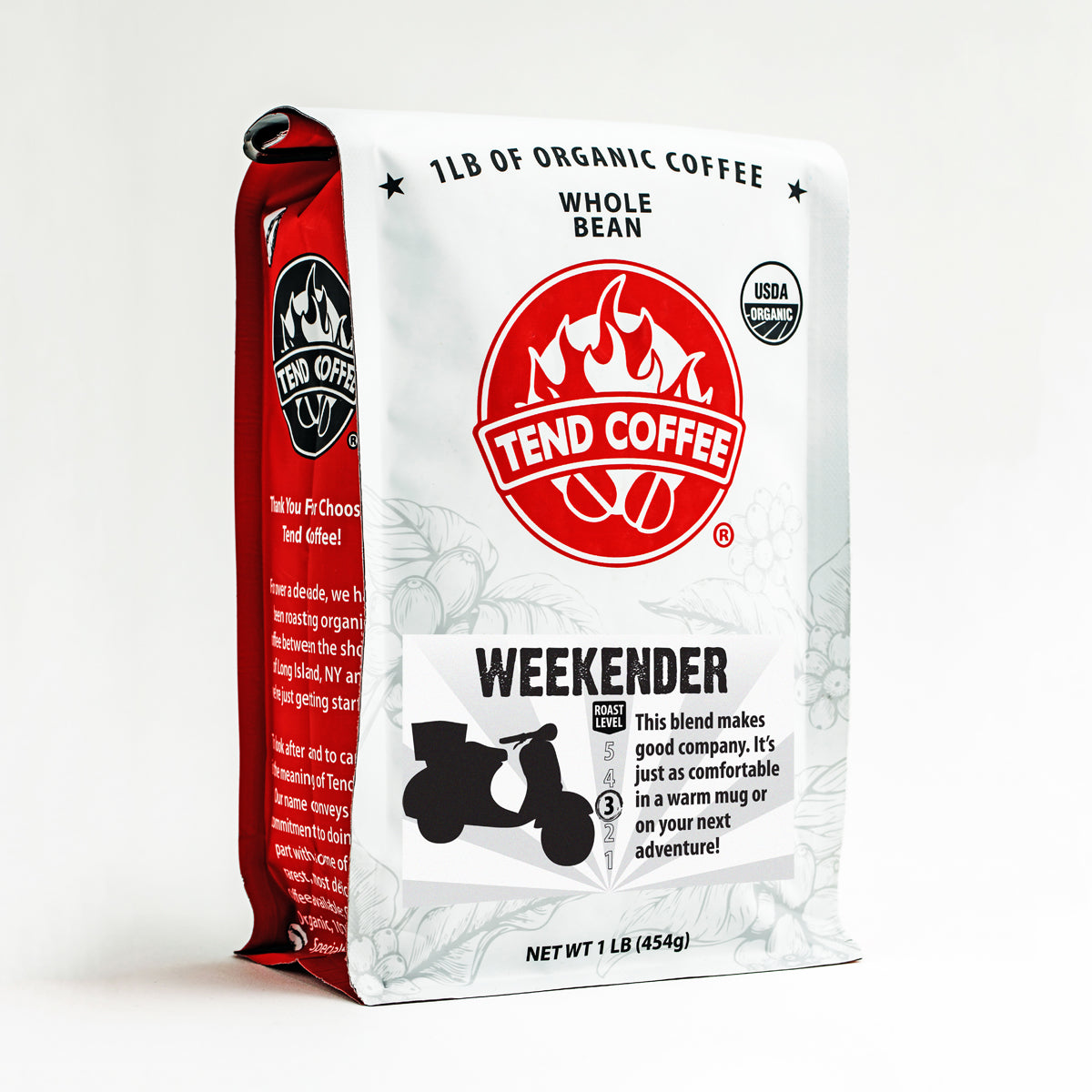 Organic Tend Coffee Weekender Blend in a bag, showcasing the front label and packaging of the coffee product.