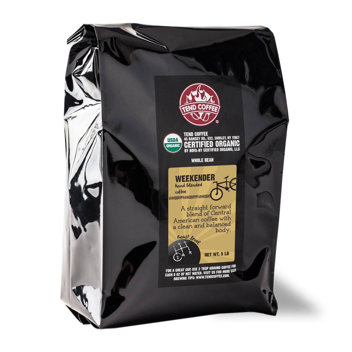 Organic Tend Coffee Weekender Blend in 5lb bag, showcasing a fresh, whole coffee beans display.