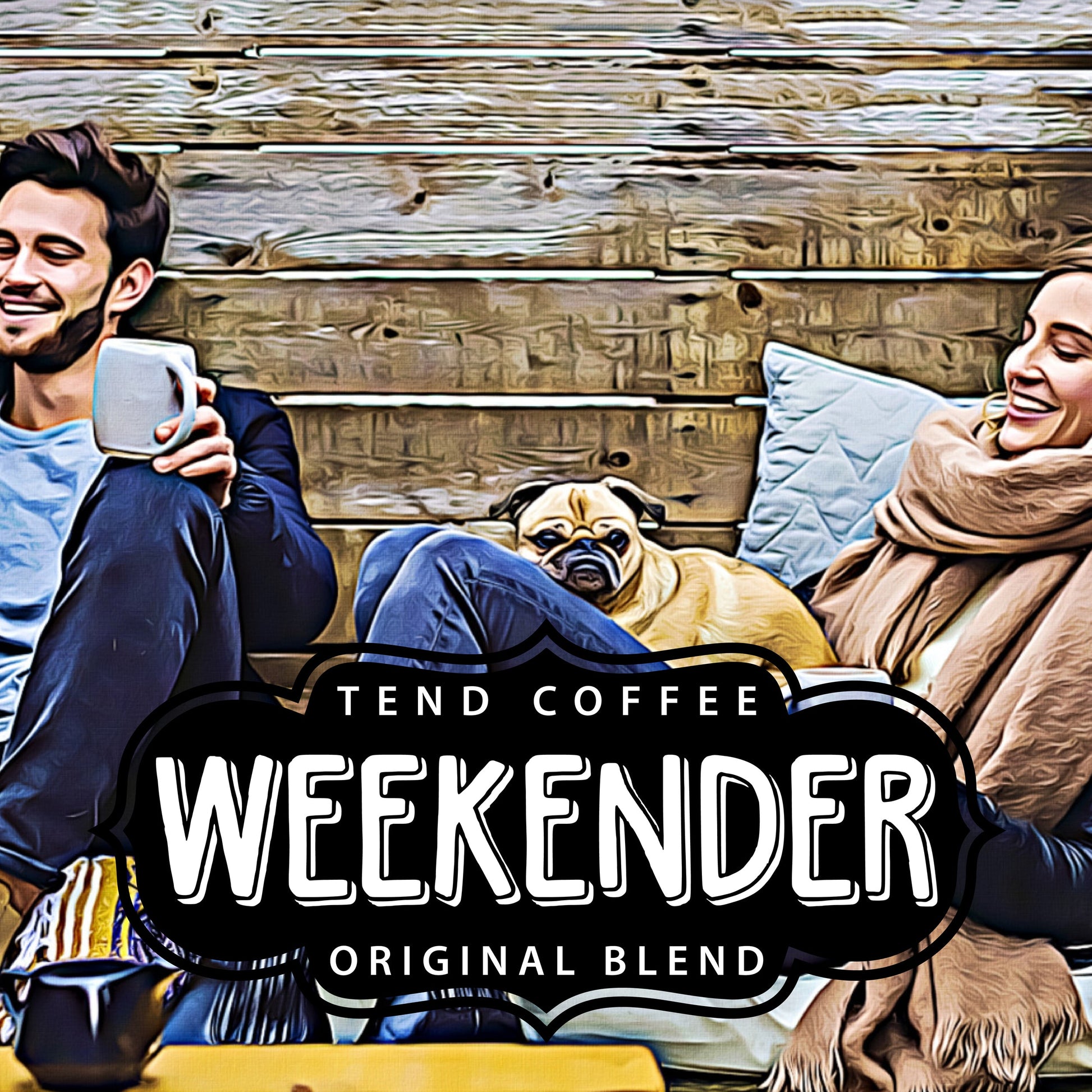 Organic Weekender Blend coffee bag by Tend Coffee, featuring a fresh, natural design with the brand logo and product label.