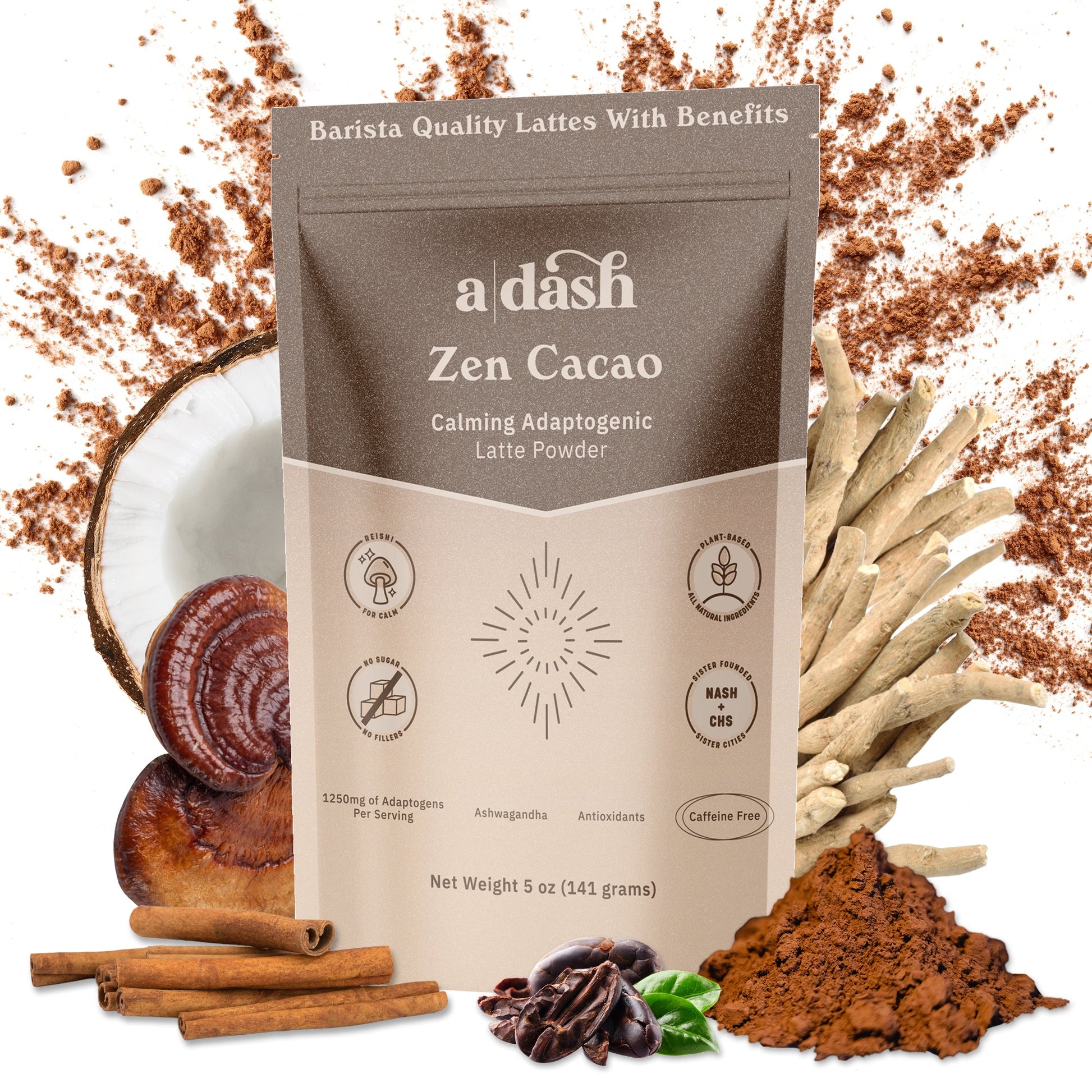 a|dash Zen Cacao with Reishi powdered beverage mix in a jar, featuring cacao powder and Reishi mushroom for a calming drink.
