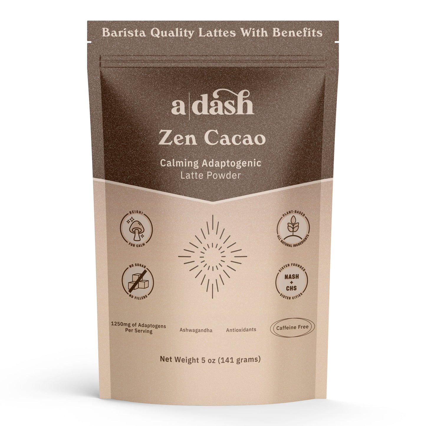 a|dash Zen Cacao with Reishi powdered beverage mix in a jar, featuring the front label and product branding.