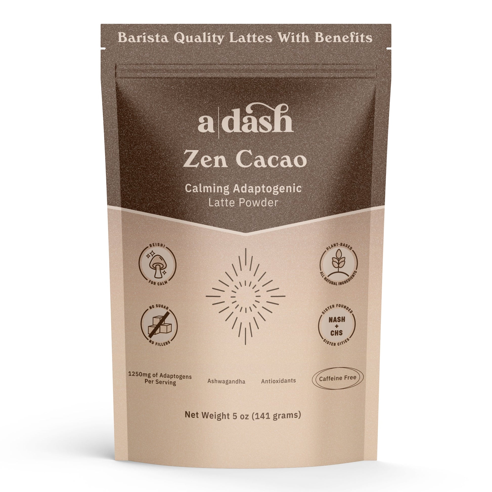 a|dash Zen Cacao with Reishi powdered beverage mix in a jar, featuring the front label and product branding.