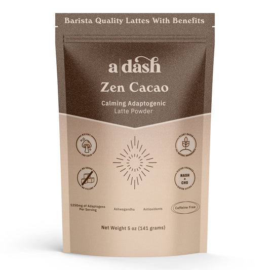 a|dash Zen Cacao with Reishi powdered beverage mix in a jar, featuring the front label and product branding.