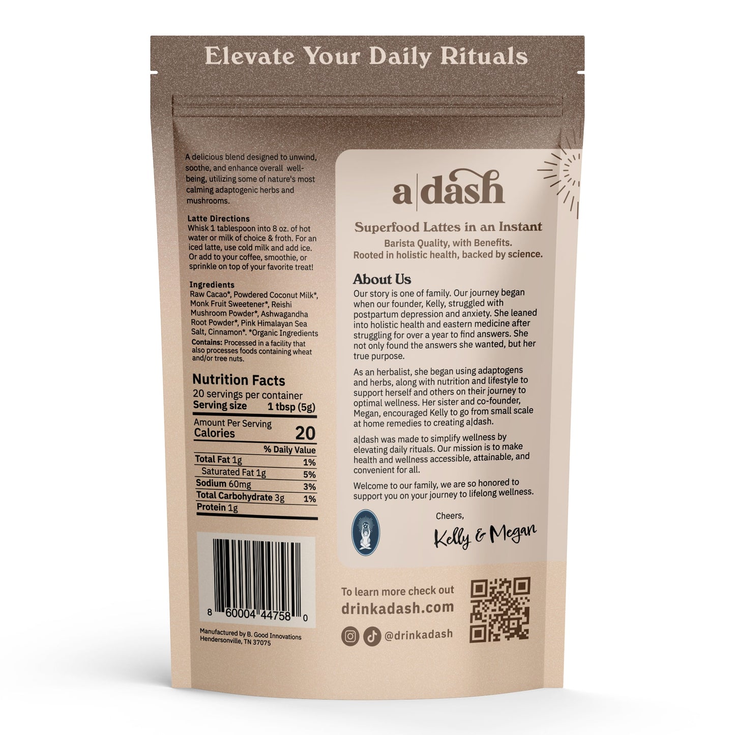a|dash Zen Cacao with Reishi powdered beverage mix package, showing the back label with product details and ingredients.
