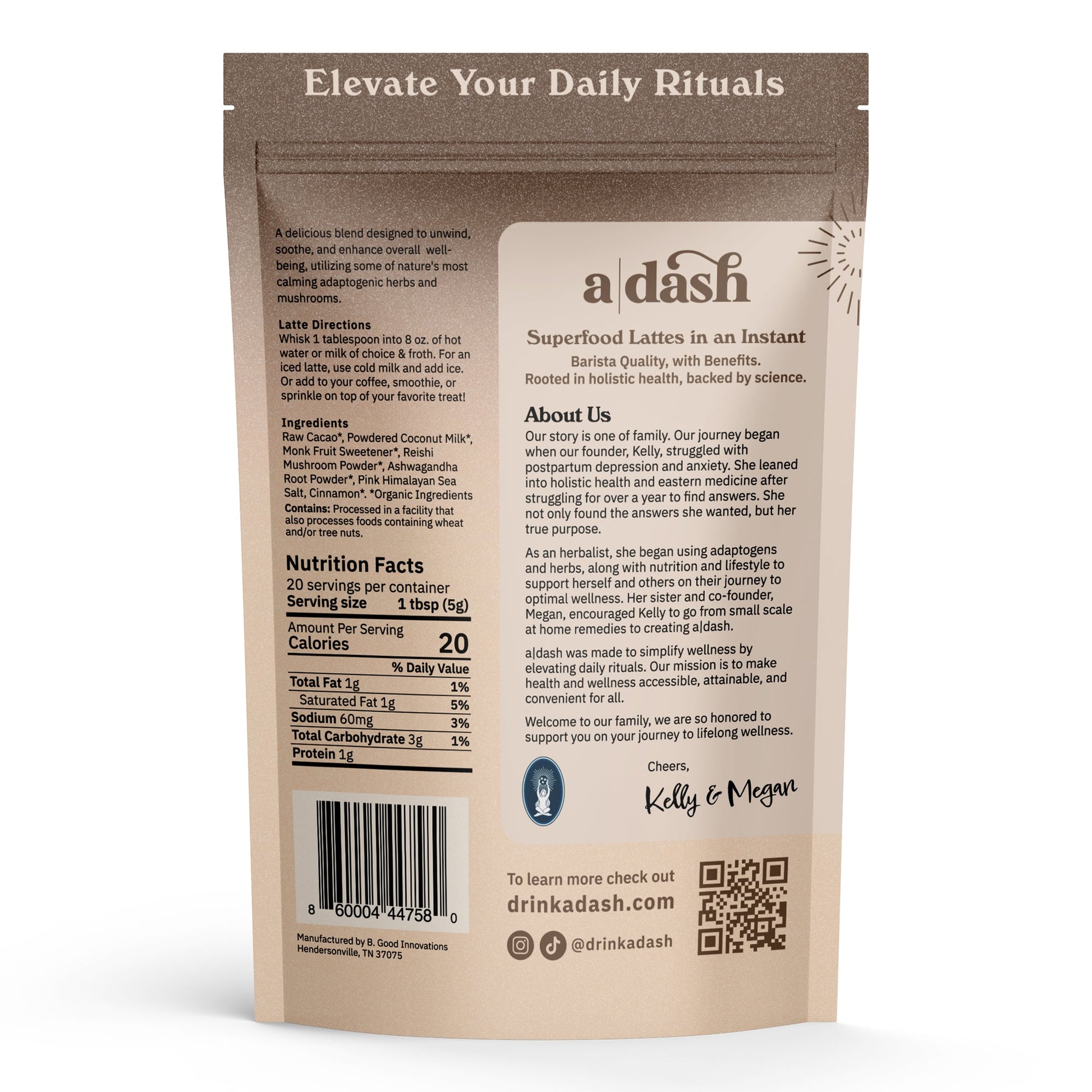 a|dash Zen Cacao with Reishi powdered beverage mix package, showing the back label with product details and ingredients.