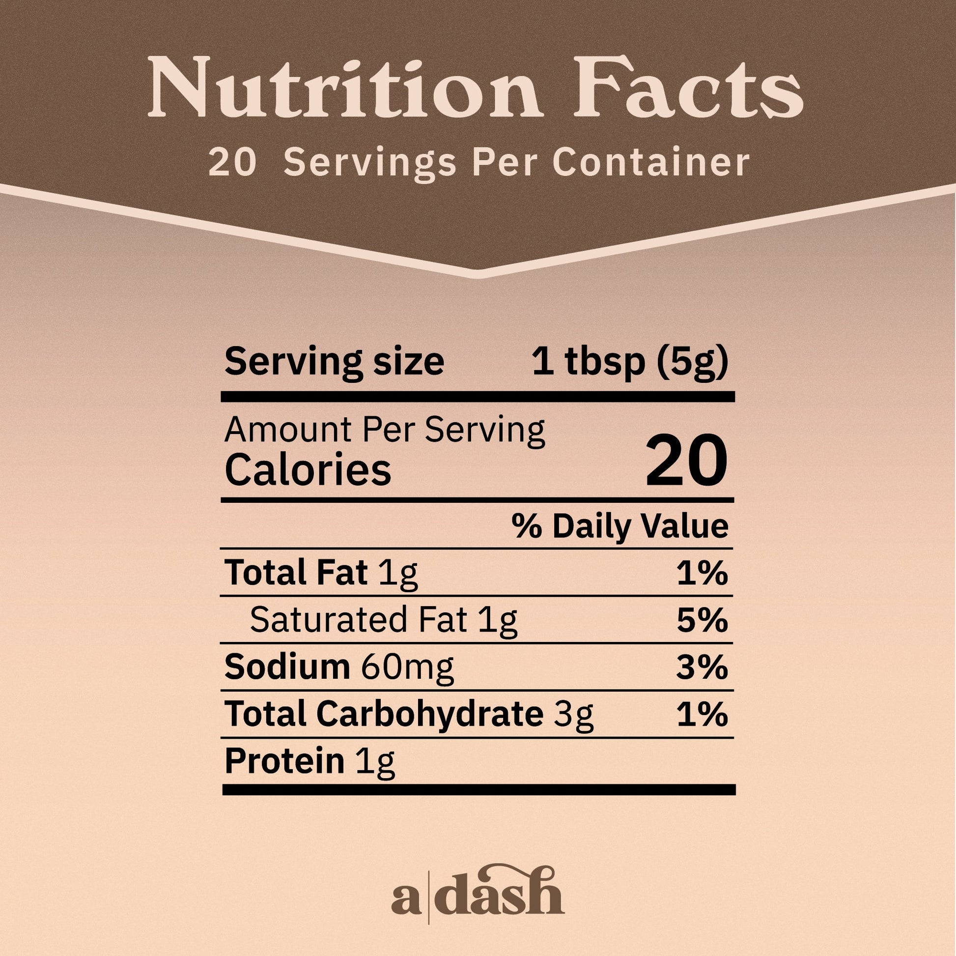 Nutrition facts label for a|dash Zen Cacao with Reishi powdered beverage mix showing ingredients and nutritional information.