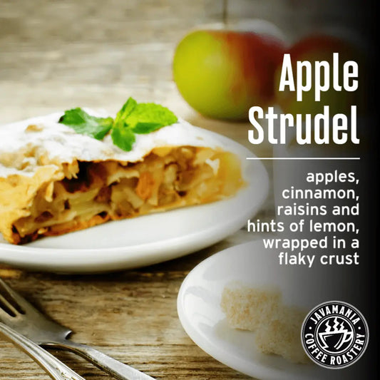 JavaMania flavored coffee with apple strudel aroma, showcasing a steaming cup of apple-infused coffee in a cozy setting.