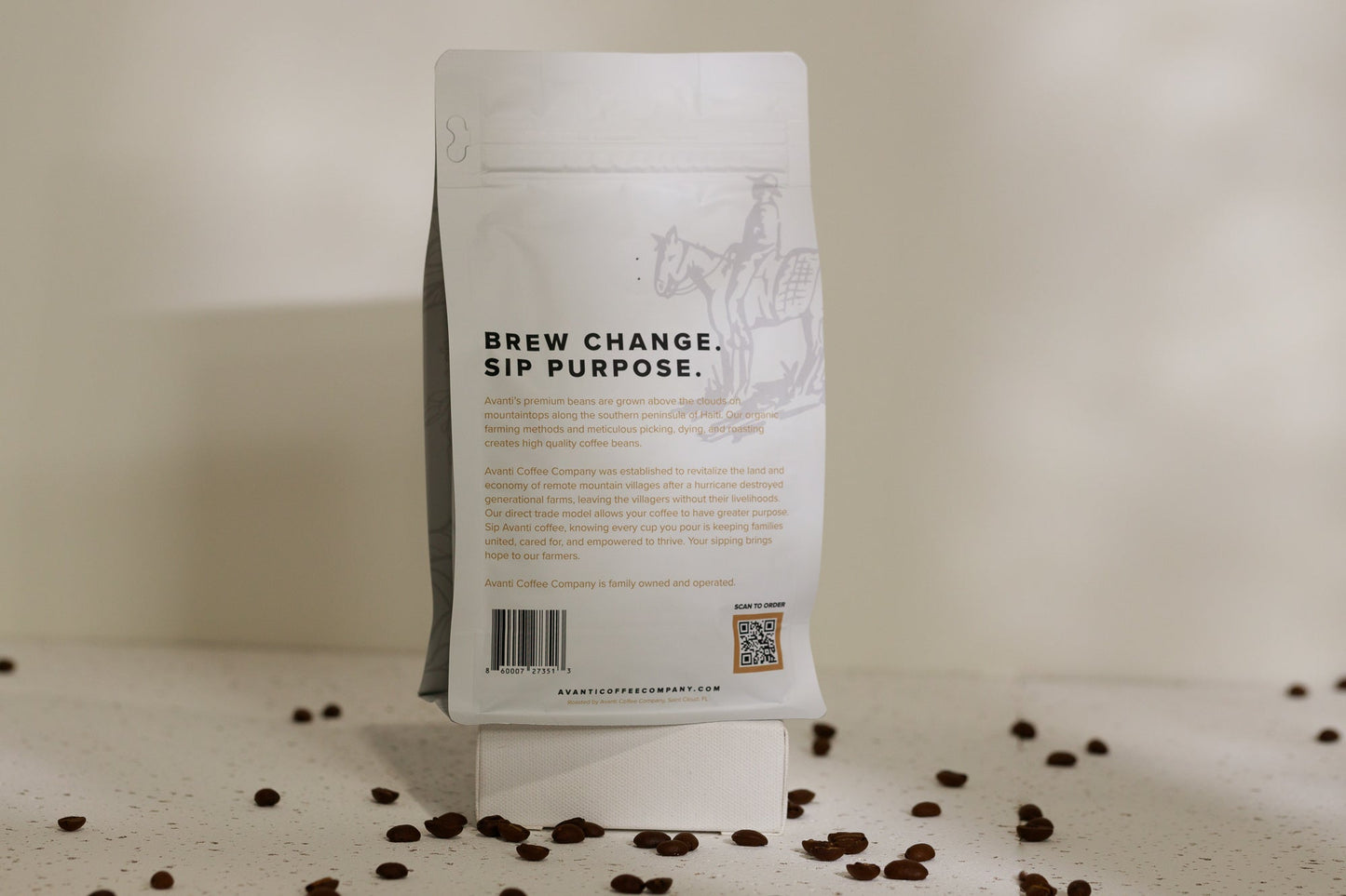 Medium roast coffee beans from Avanti Coffee Company, showcasing a bag of Ayiti-Medium Roast coffee.