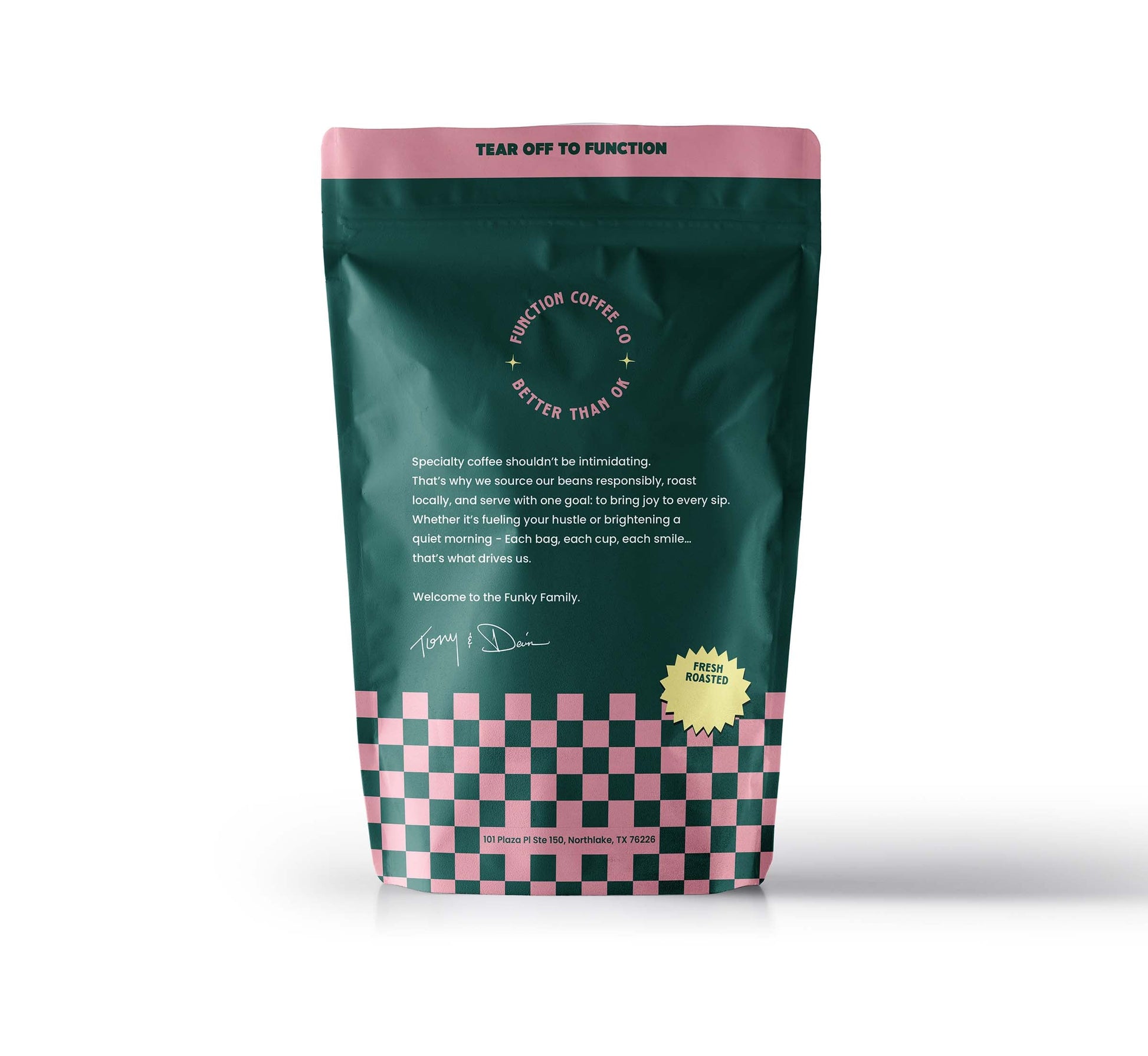 Light roast Demitasse coffee beans from Function Coffee Co with a dark background and a subtle coffee-themed backdrop.