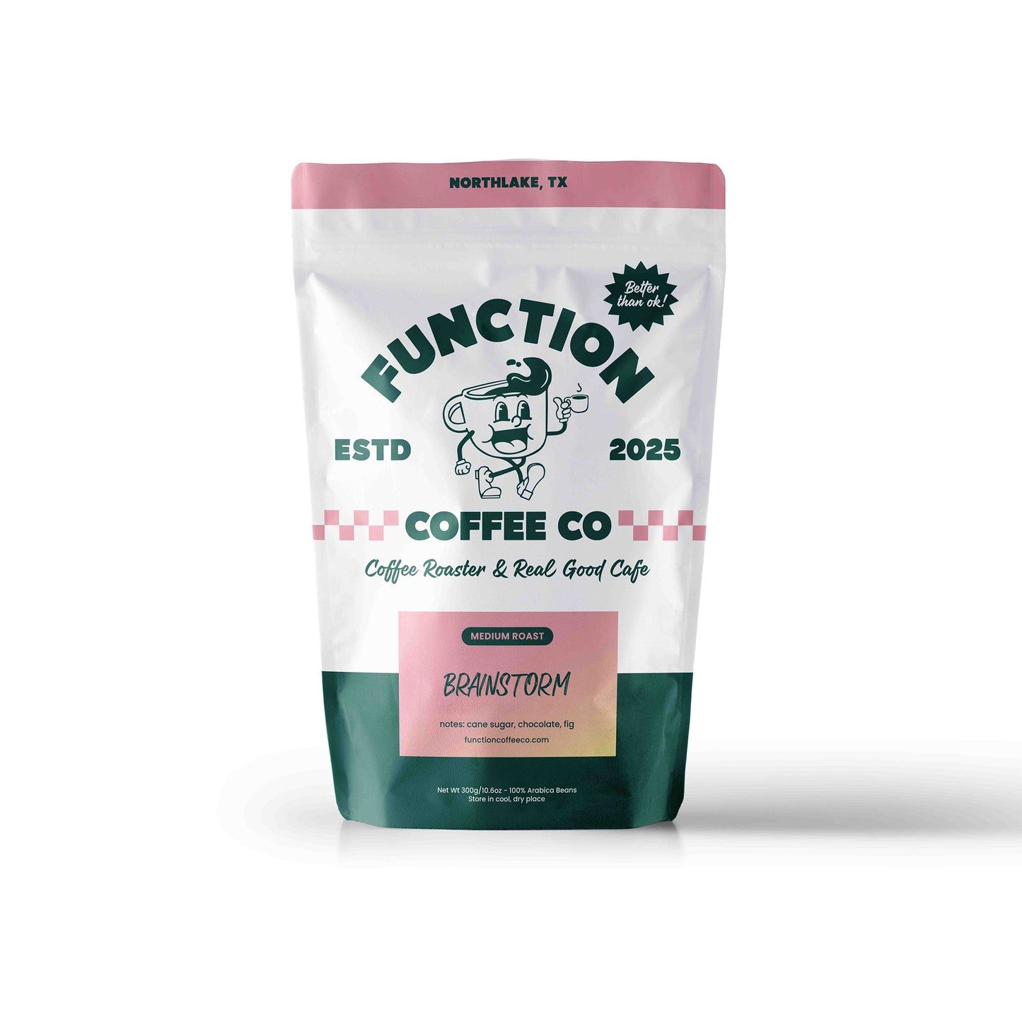 Medium roast Brainstorm coffee beans by Function Coffee Co, showing a bag of whole coffee beans for brewing or grinding.
