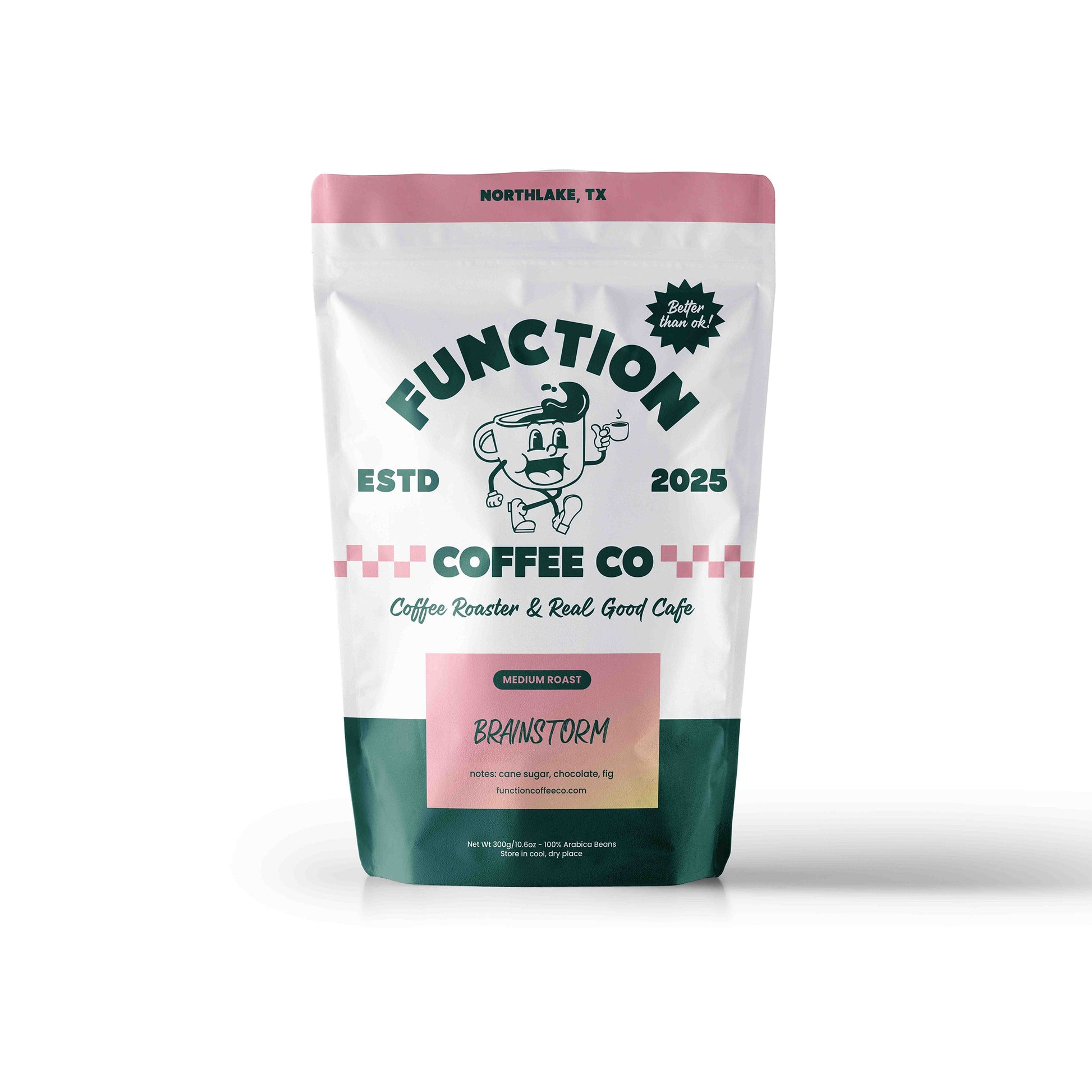 Medium roast Brainstorm coffee beans by Function Coffee Co, showing a bag of whole coffee beans for brewing or grinding.