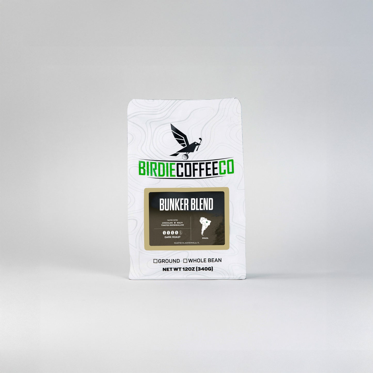 Birdie Coffee Company's Bunker Blend Latin American coffee beans in a bag, showcasing a rich, aromatic coffee product.