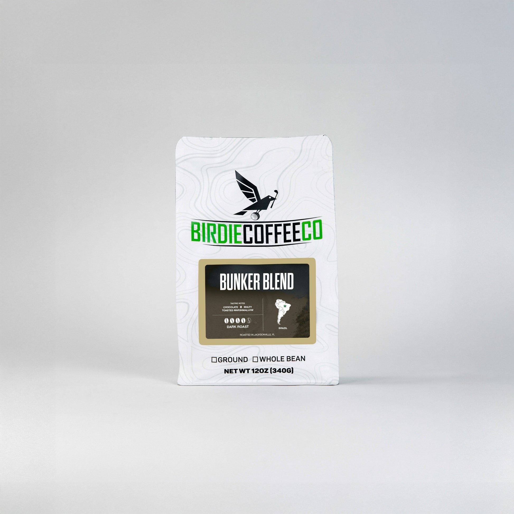 Birdie Coffee Company's Bunker Blend Latin American coffee beans in a bag, showcasing a rich, aromatic coffee product.