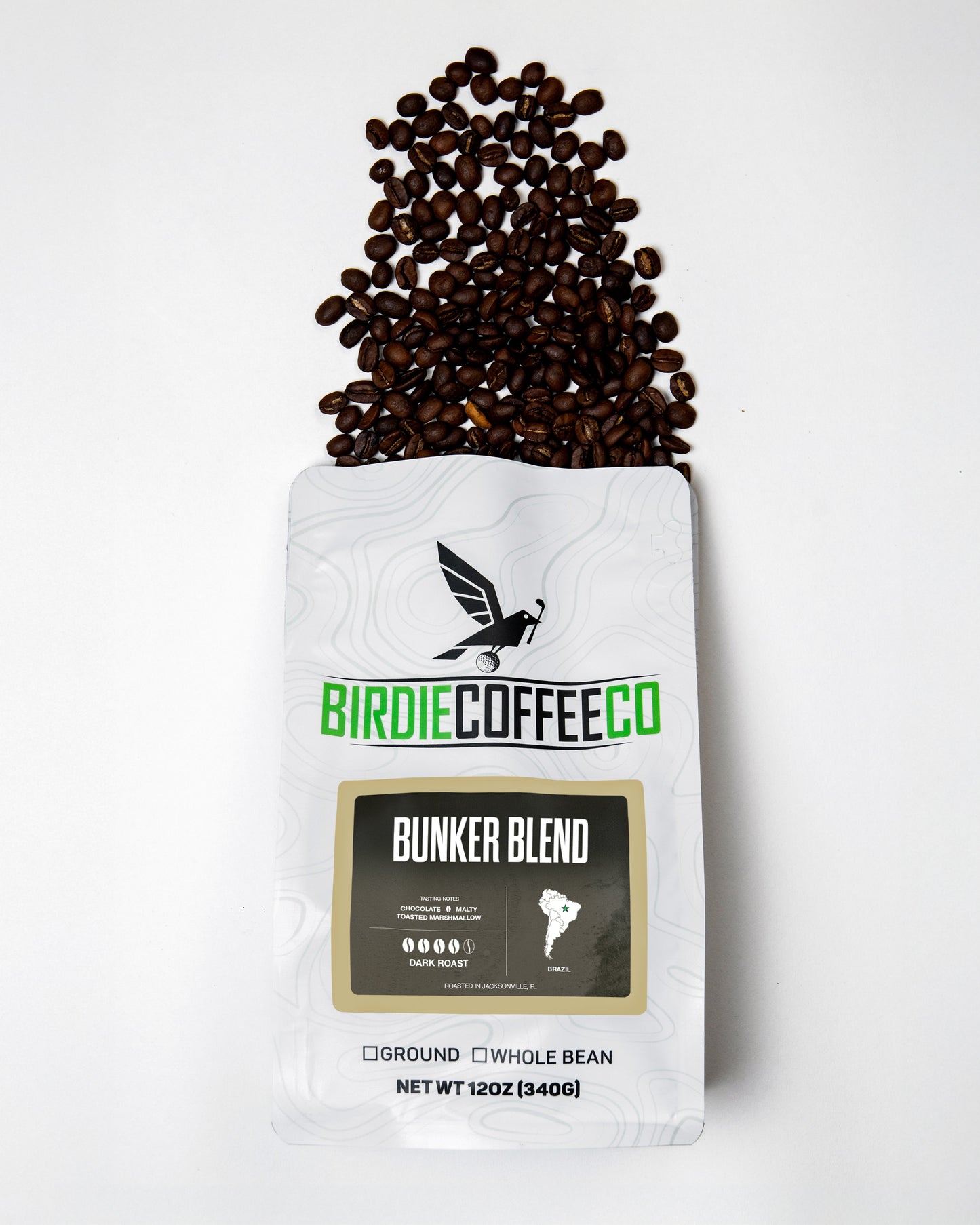 Birdie Coffee Company's Bunker Blend Latin American coffee beans in a bag, showcasing rich, roasted coffee with a smooth finish.
