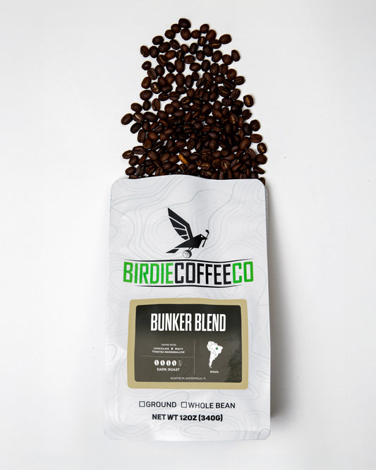 Birdie Coffee Company's Bunker Blend Latin American coffee beans in a bag, showcasing rich, roasted coffee with a smooth finish.