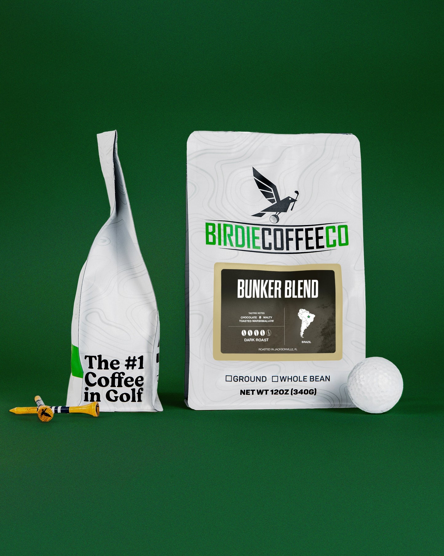 Birdie Coffee Company's Bunker Blend Latin American coffee beans in a bag, showcasing the rich roasted texture and packaging.