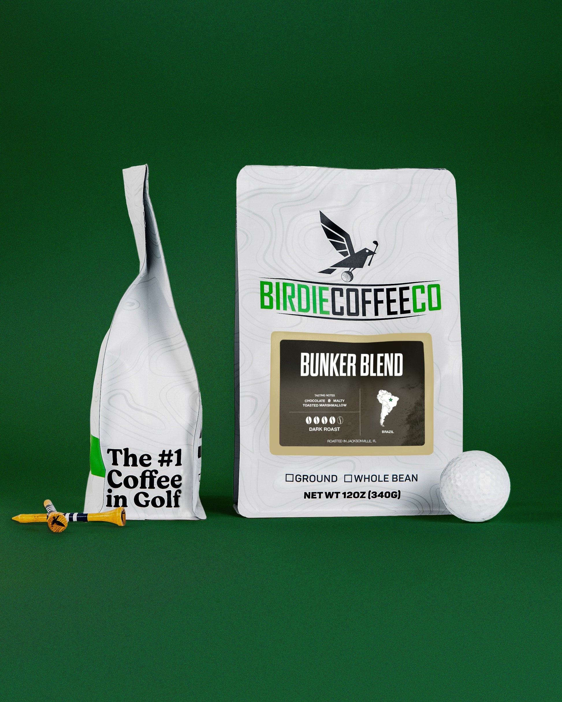 Birdie Coffee Company's Bunker Blend Latin American coffee beans in a bag, showcasing the rich roasted texture and packaging.