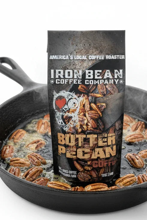 12oz Butter Pecan coffee by Iron Bean Coffee Company, showcasing a bag of roasted coffee beans with buttery pecan flavor.