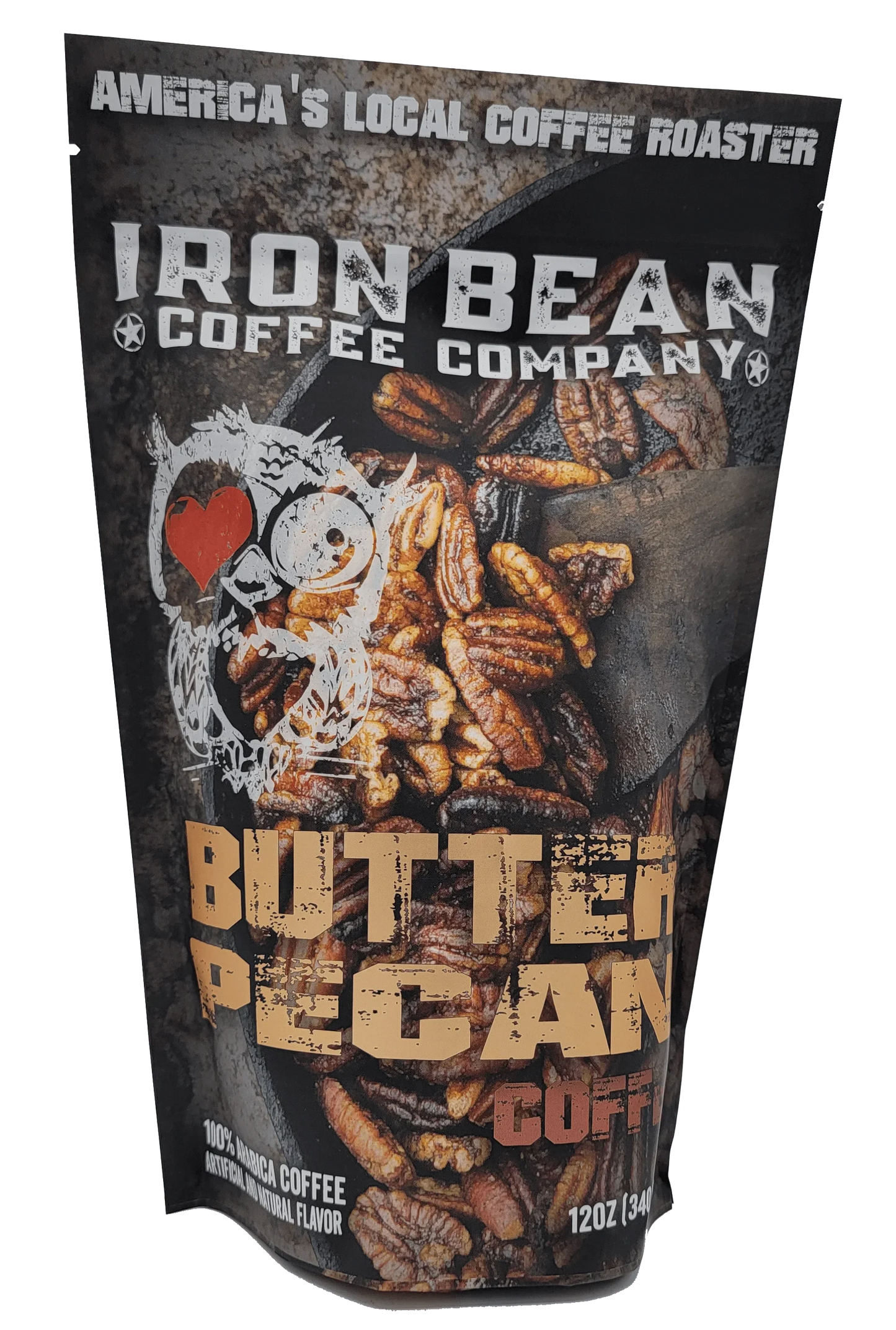 12oz Iron Bean Coffee Company Butter Pecan coffee bag with a label featuring butter pecan flavor and branding.