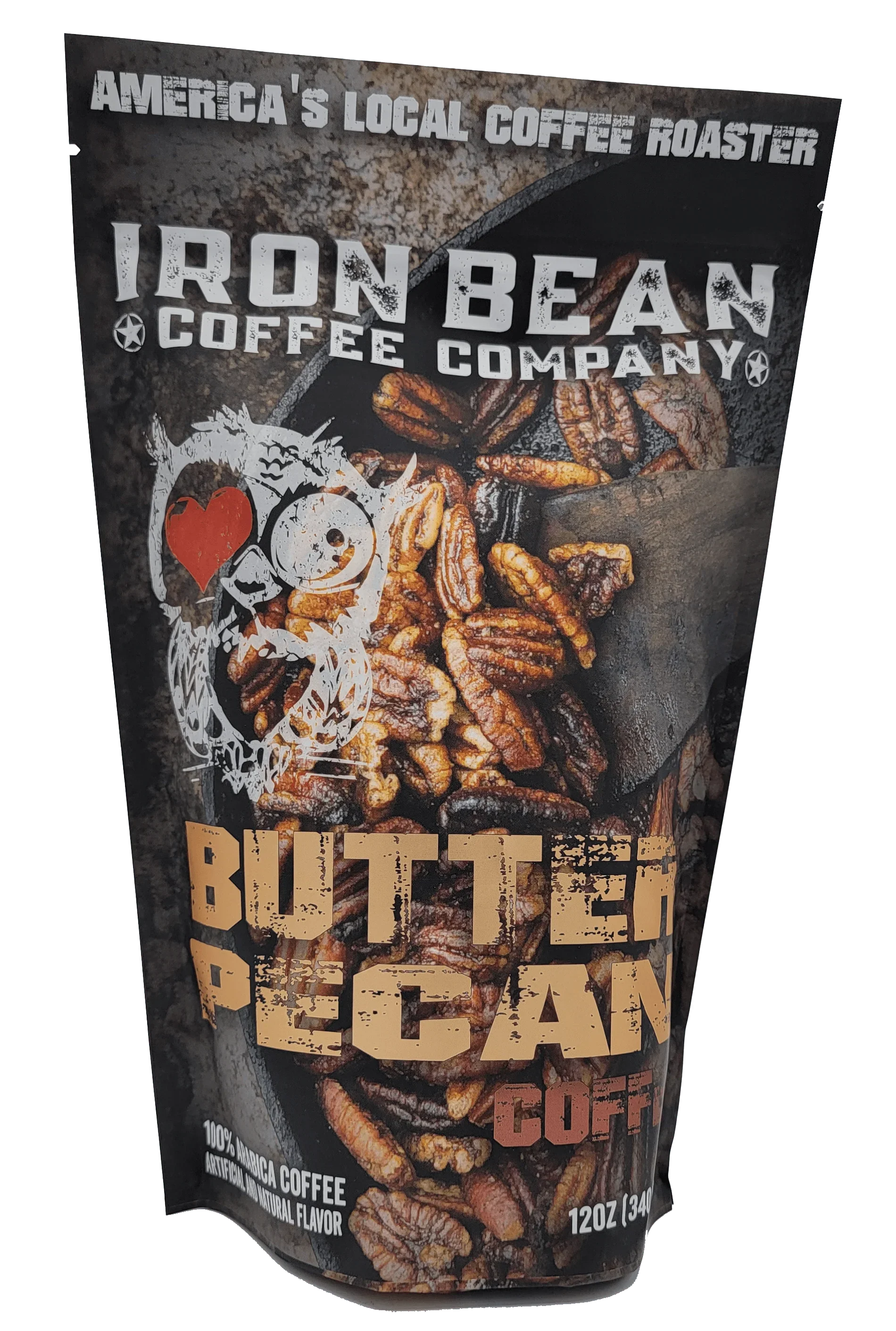 12oz Iron Bean Coffee Company Butter Pecan coffee bag with a label featuring butter pecan flavor and branding.
