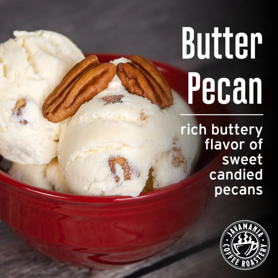 Creamy butter pecan flavored coffee in JavaMania packaging, showcasing rich, aromatic coffee beans with a butter pecan flavor profile.