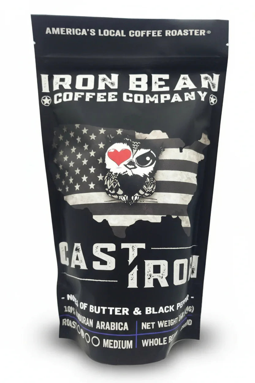Cast Iron™ Medium Roast coffee bag from Iron Bean Coffee Company, showcasing the packaging with branding and product details.