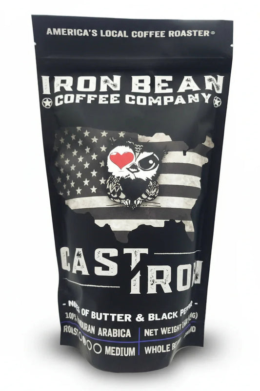 Cast Iron™ Medium Roast coffee bag from Iron Bean Coffee Company, showcasing the packaging with branding and product details.