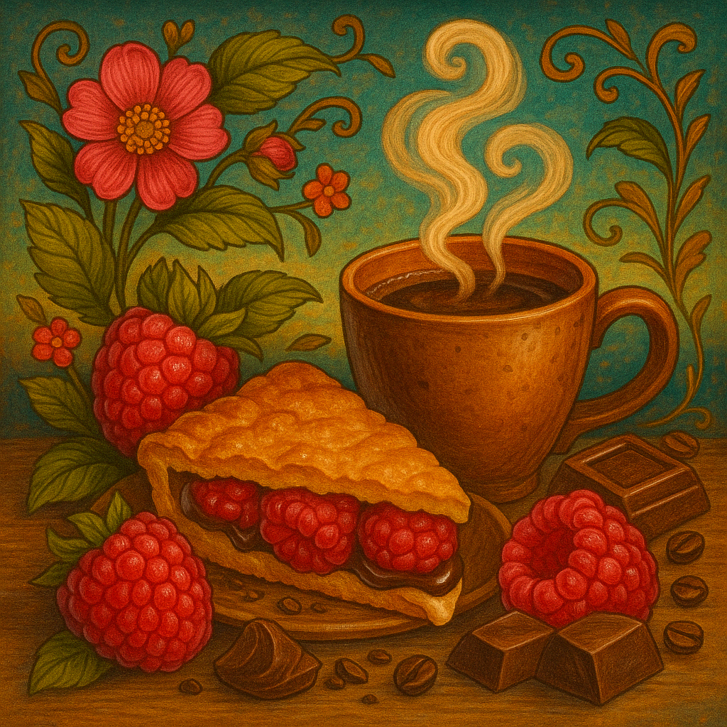 JavaMania Chocolate Raspberry Cream Flavored Coffee in a cup with swirls of chocolate and raspberry cream visible.
