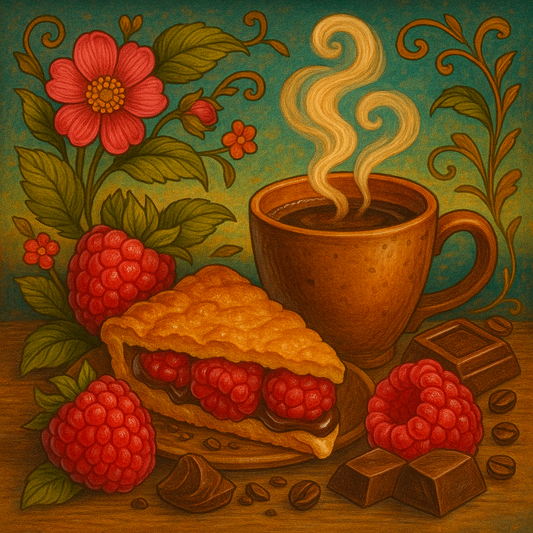 JavaMania Chocolate Raspberry Cream Flavored Coffee in a cup with swirls of chocolate and raspberry cream visible.