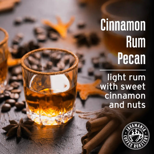 JavaMania Cinnamon Rum Pecan flavored coffee bag with rich coffee beans and a cinnamon, rum, and pecan flavor profile.