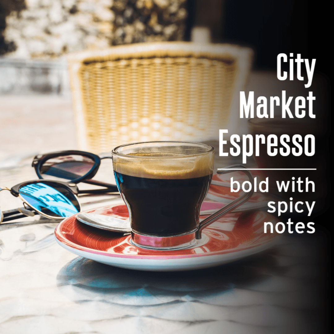 JavaMania City Market Espresso Blend coffee in a bag, showcasing rich roasted espresso beans for brewing.