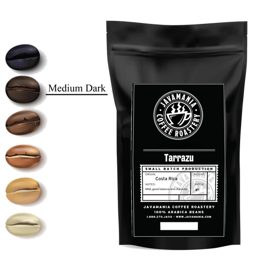 JavaMania Costa Rica Tarrazu single origin coffee beans in a bag with label and fresh roasted appearance.