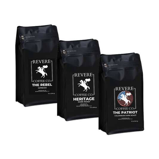 Dark Roast Coffee Bundle from Revere Coffee Company featuring Heritage, The Patriot, and The Rebel espresso bags.