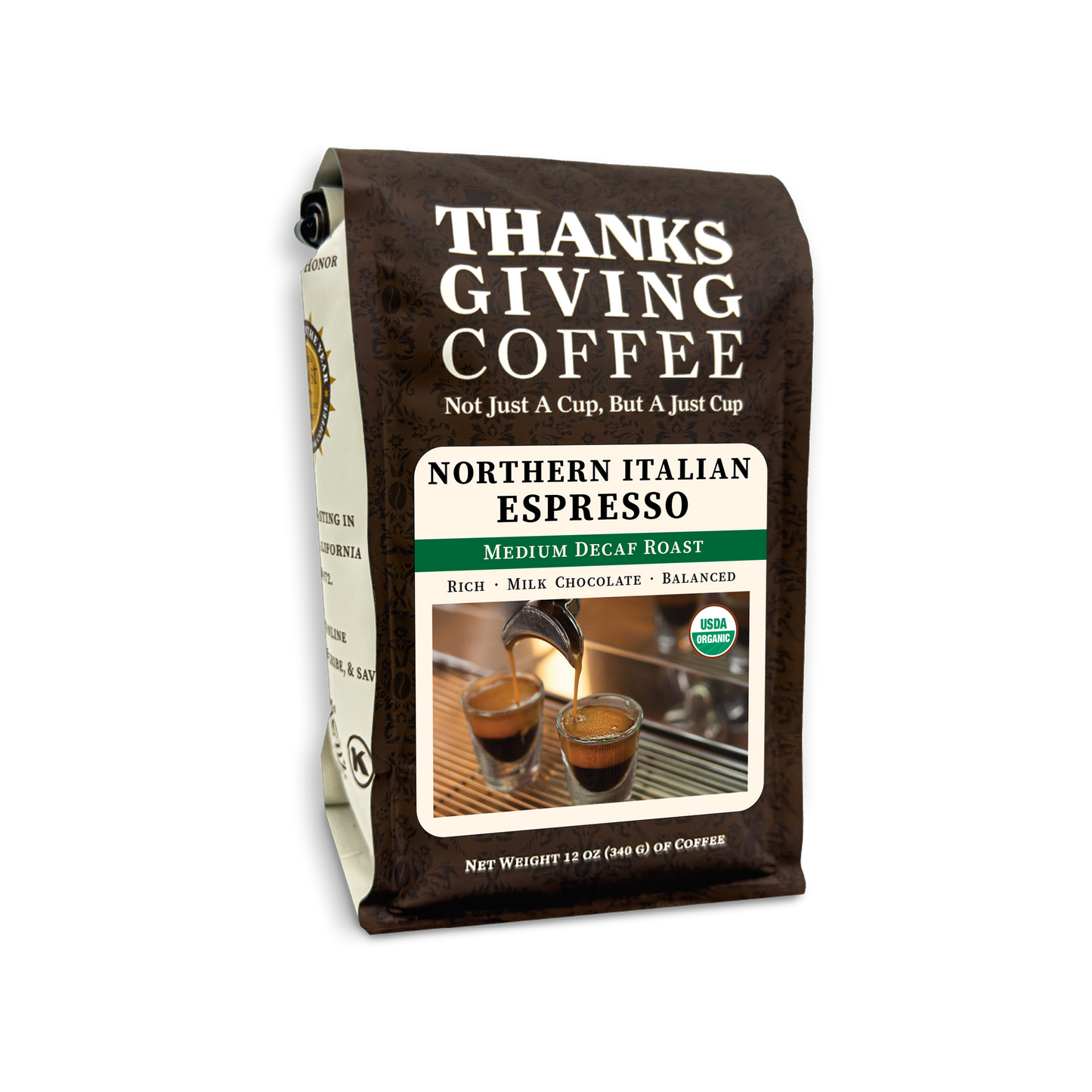 Organic decaf Northern Italian style espresso coffee bag by Thanksgiving Coffee Company in medium roast.