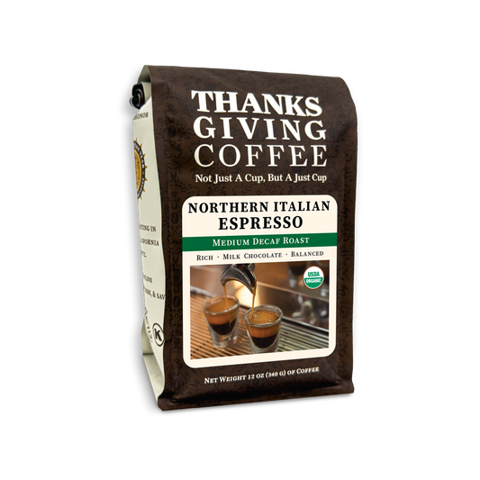 Organic decaf Northern Italian style espresso coffee bag by Thanksgiving Coffee Company in medium roast.