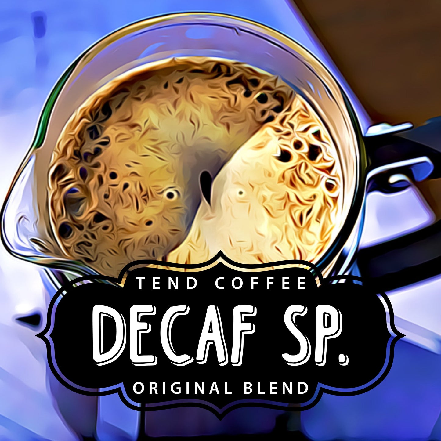Organic Tend Coffee Decaf Special Prep Blend in a bag, showcasing the rich coffee beans and packaging.