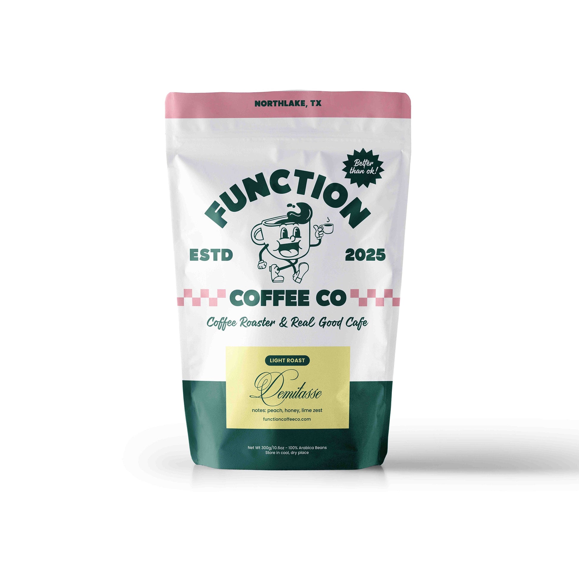 Light Roast Demitasse coffee beans from Function Coffee Co, showcasing fresh, roasted coffee beans ideal for espresso or small cups.