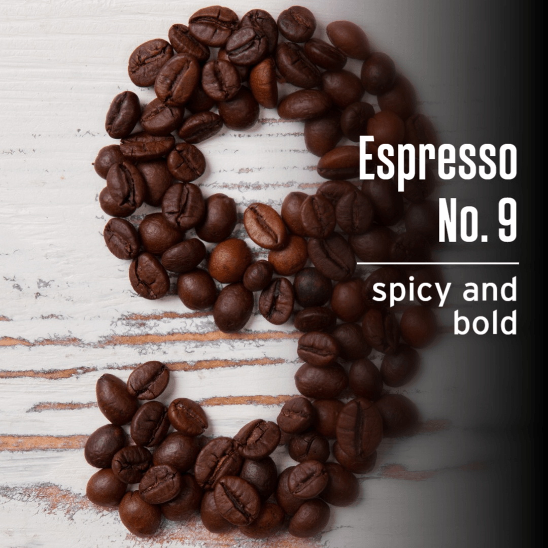 JavaMania Espresso No.9, a rich and aromatic espresso shot in a small cup with crema on top.
