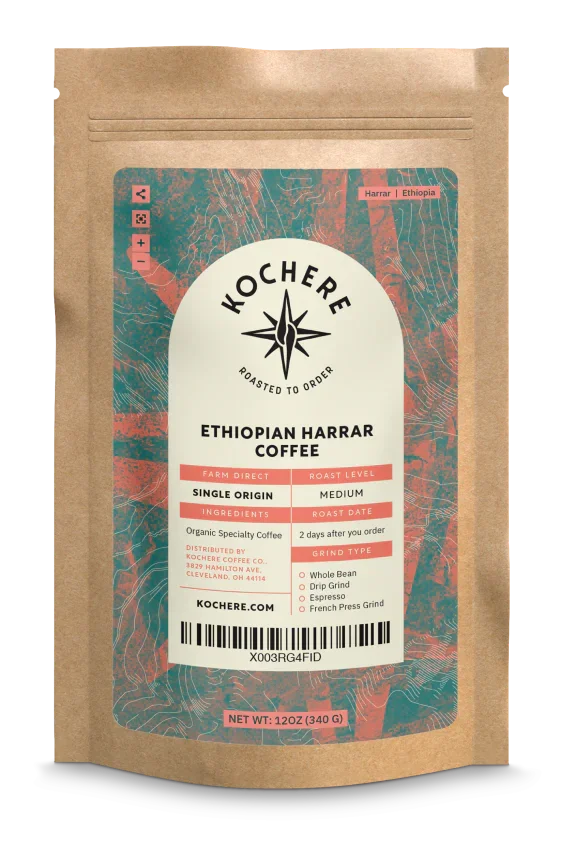 Ethiopian Kochere Coffee Co. Harrar Natural medium roast with fruity blueberry and dark chocolate flavor notes.