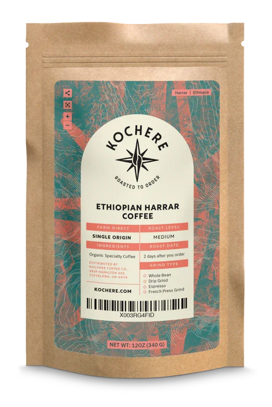 Ethiopian Kochere Coffee Co. Harrar Natural medium roast with fruity blueberry and dark chocolate flavor notes.