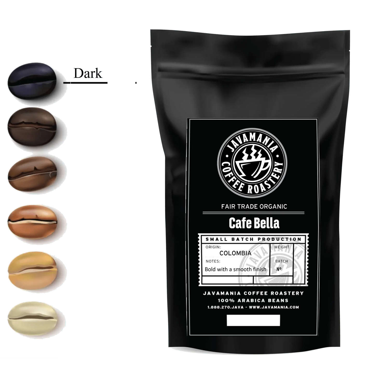 Fair Trade Organic Cafe Bella coffee bag with JavaMania branding, featuring a brown and green label design.