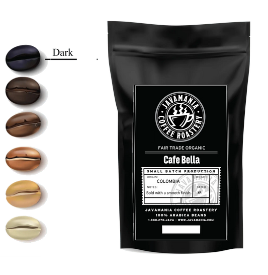 Fair Trade Organic Cafe Bella coffee bag with JavaMania branding, featuring a brown and green label design.