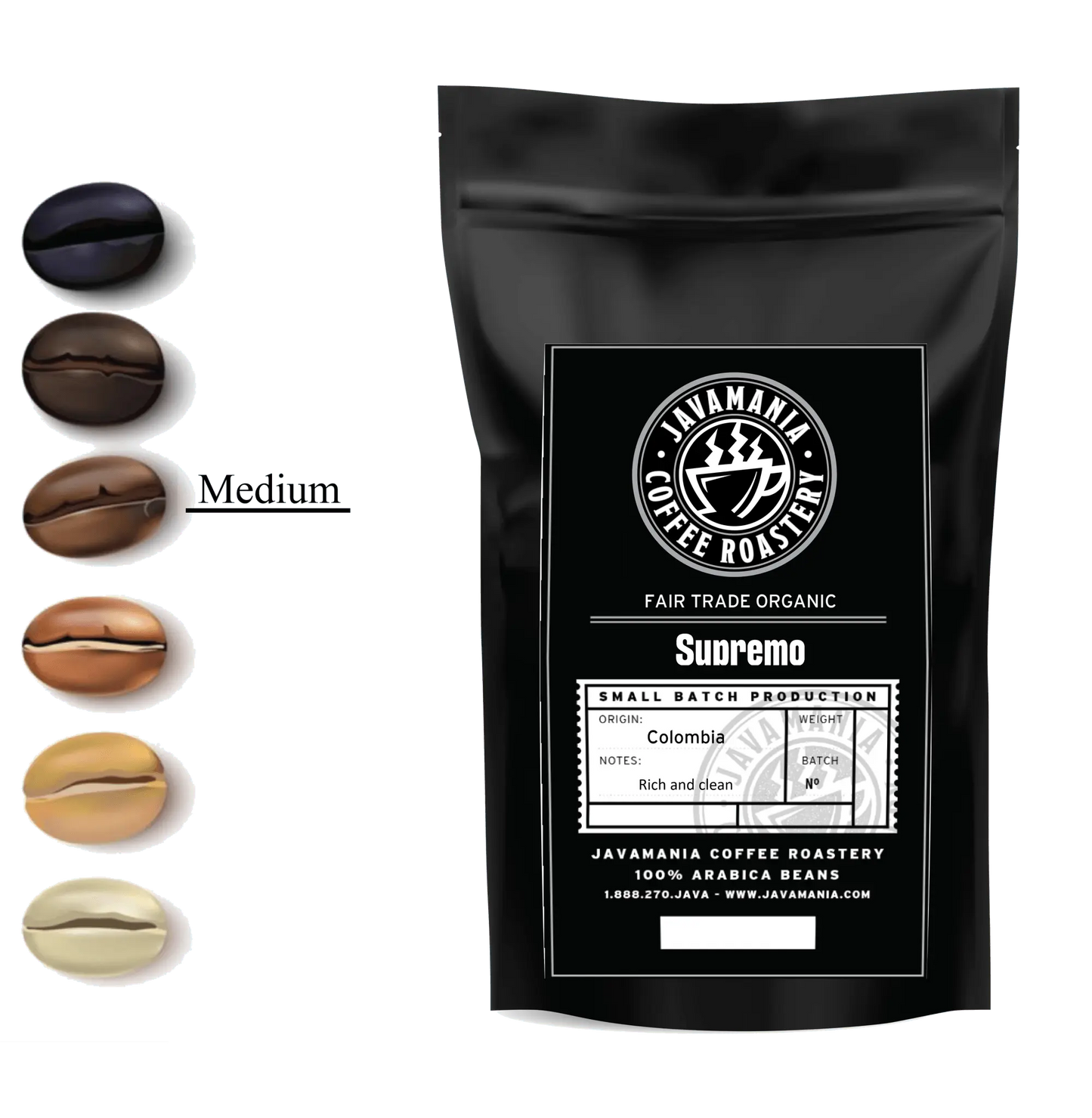 Fair Trade Organic Colombia Excelso coffee beans from JavaMania, showcasing a bag of ethically sourced, high-quality coffee.