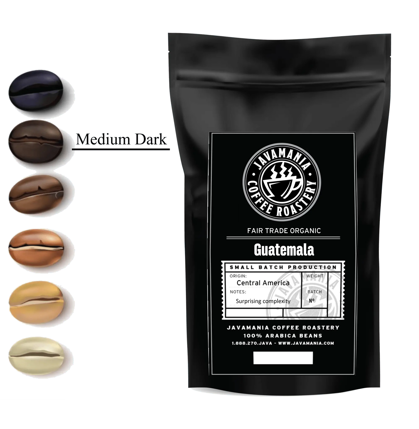 Fair Trade Organic Guatemala coffee beans from JavaMania in a clear bag, showcasing the fresh, roasted beans inside.